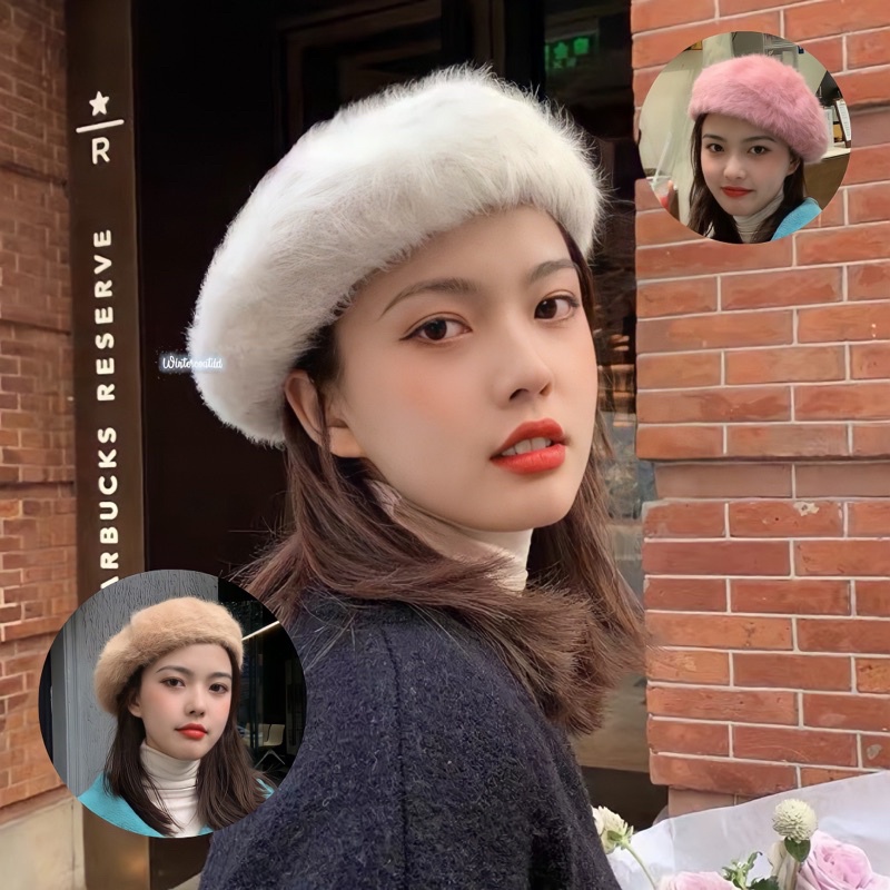 Fur Beret Hat Topi baret pelukis bulu winter wanita import patricia korean style