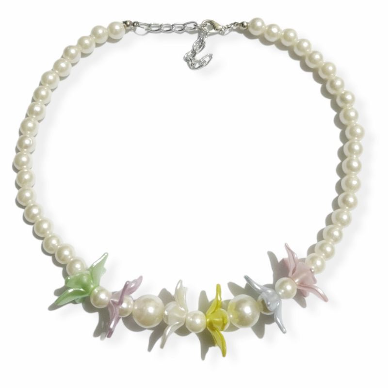 Deandra Flower Pearl Necklace Kalung Mutiara Korea Aksen Kelopak Bunga Warna Warni Korean Pearl Choker Necklace