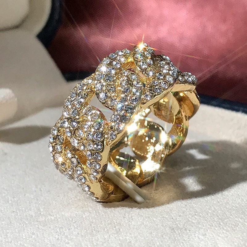 Cincin Pertunangan Berlian Kristal Berlapis Emas  24K Mewah Fashion Pria dan Wanita