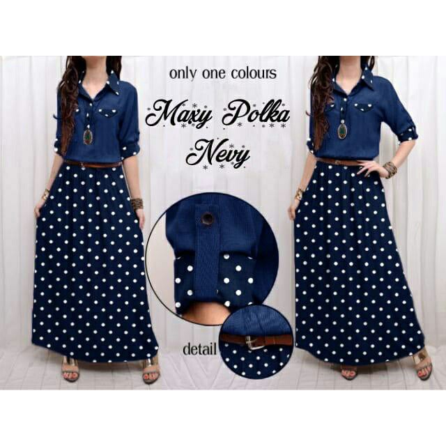 baju pakaian wanita Maxy Rayon Polka Navy terbaru murah trendy keren