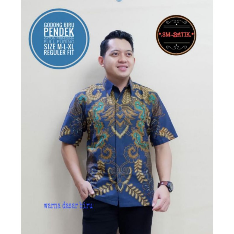 Batik Pendek Terbaru Batik Lengan Pendek Lapis Furing Batik Pendek Warna Biru GODONG BIRU PENDEK