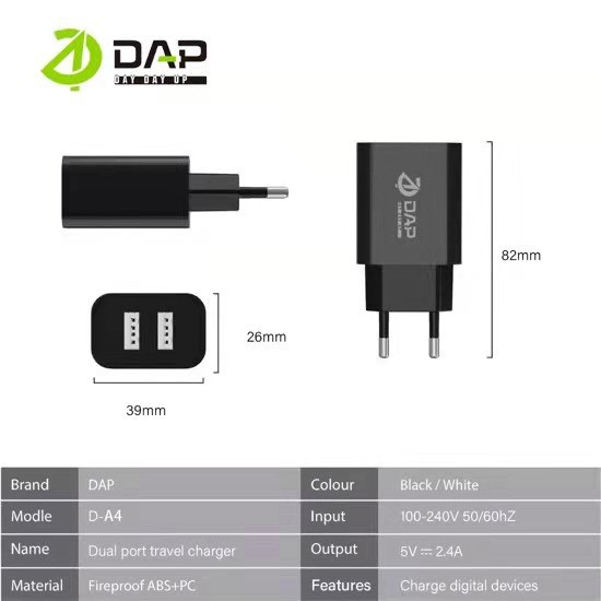 DAP D-A4 Adaptor Charger Dual Port USB 2.4A - ISI 20 per BOX-