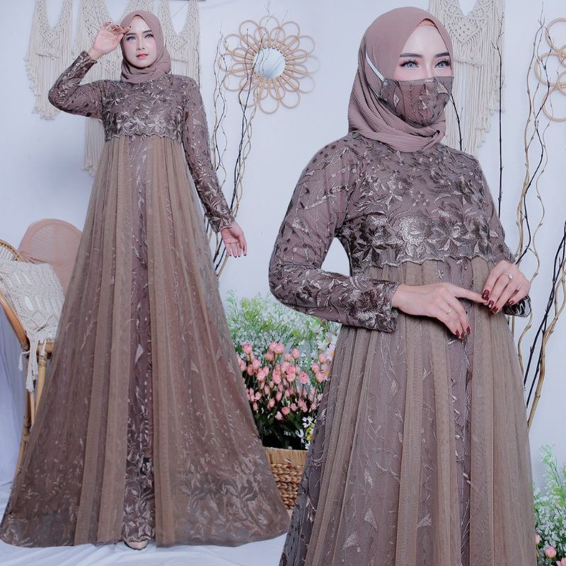 Alexa Tulle Brukat Free Masker Size M - XXL / Gamis Kondangan / Dress Pesta / Gamis Brukat / Gaun Pesta / Baju Wanita