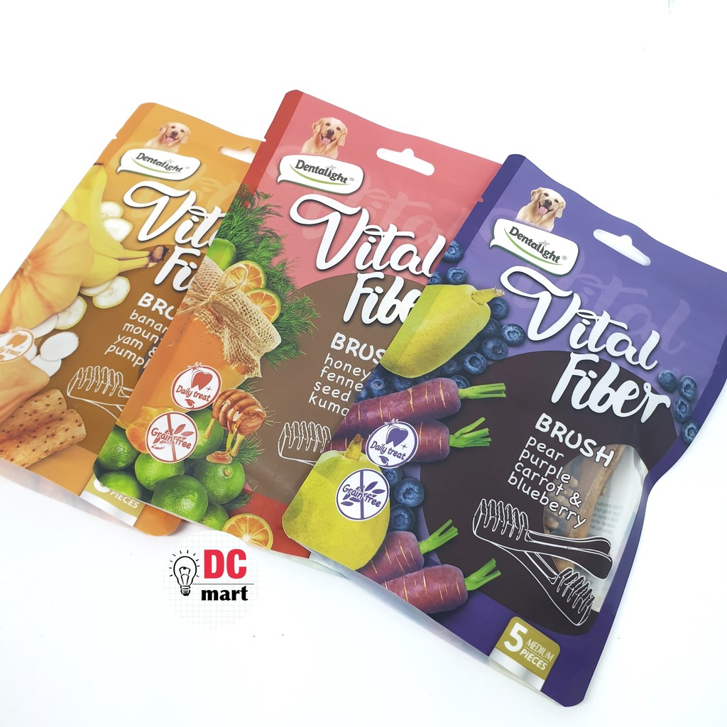 Dentalight Vital Fiber FRUIT 80 Gr / Snack Anjing Dental bentuk Brush dan Wellbar