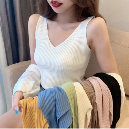Feminin Tank Top Wanita Polos Vest Rajut Tengktop Wanita Tanktop Korean-Putih