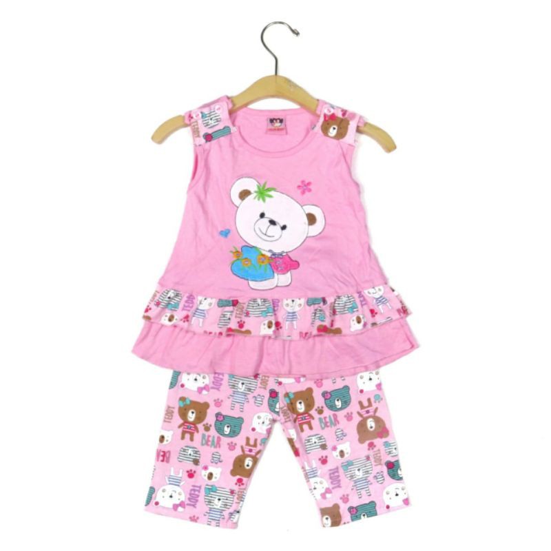 SETELAN FASHION PAKAIAN BAJU ANAK PEREMPUAN 1 TAHUN MOTIF BEAR CUTE WARNA PINK FANTA PEACH RENDA