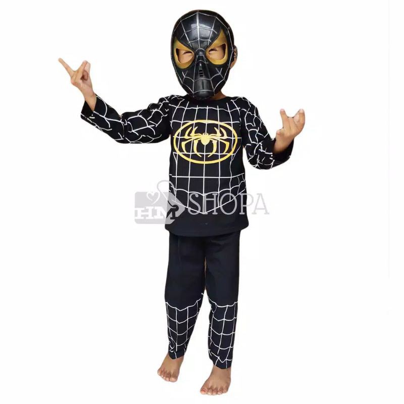 Kostum baju anak venom spiderman hitam gratis topeng