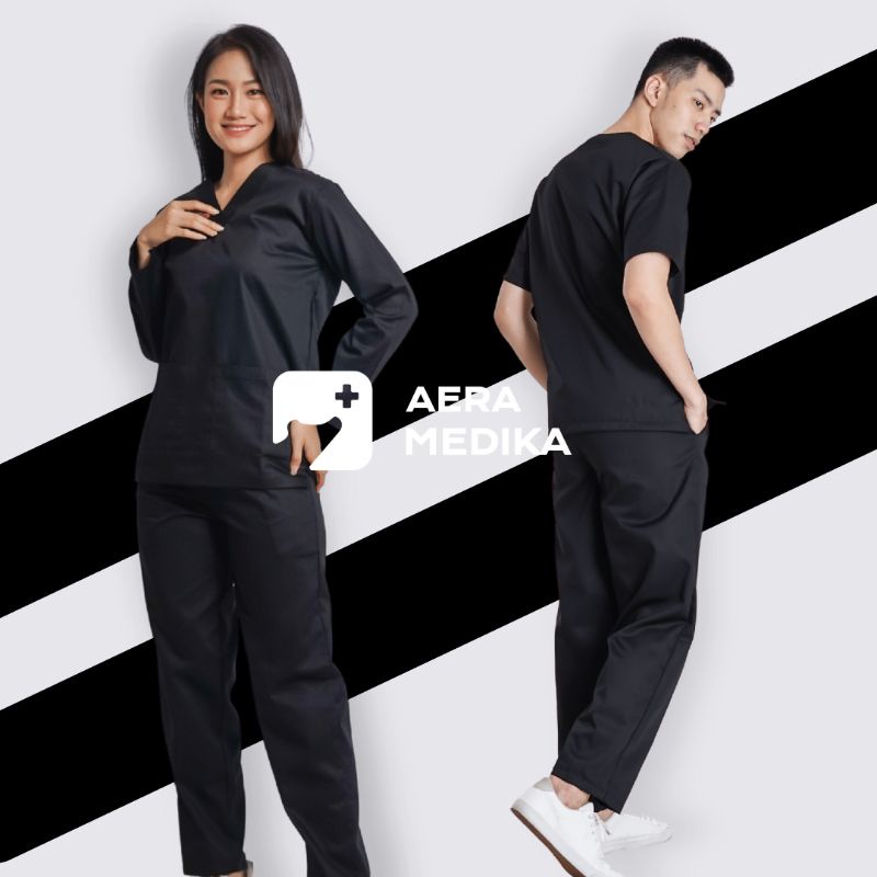 (BLACK) - BAJU JAGA / SCRUB MEDIS / BAJU OK / BAJU DOKTER / SERAGAM OKA - AERAMEDIKA