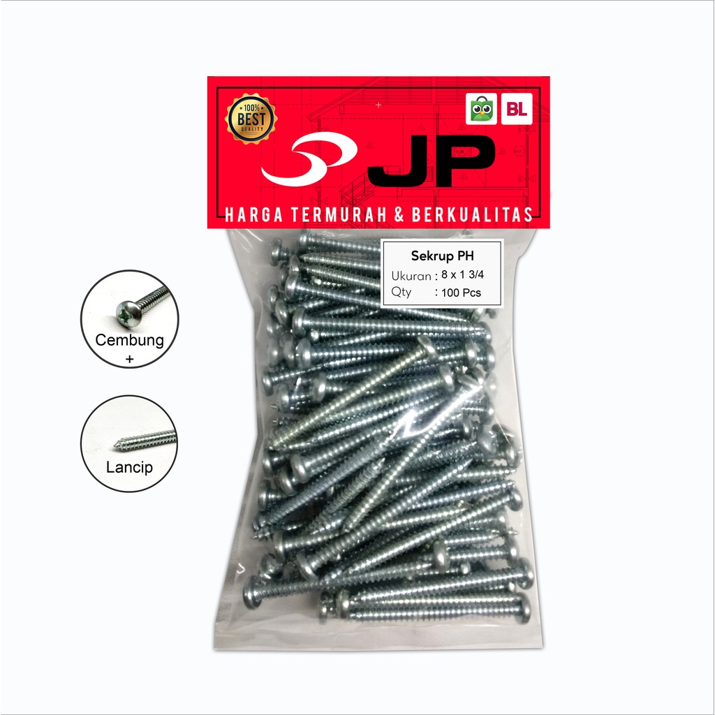 SEKRUP PH 8 x 1-3/4 - SKRUP PH 8x1-3/4 BAUT TAPPING ISI 100 PCS