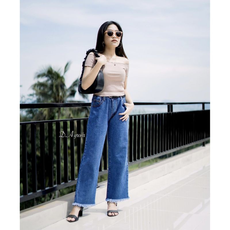 Jeans Kulot Rawis Wanita Putih Biru tua 27-30