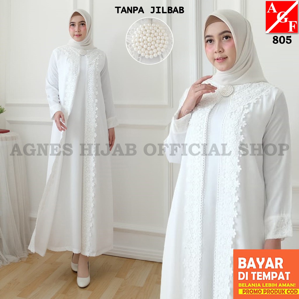 Agnes Hijab - Gamis Abaya Putih Kamila Dress Baju Wanita Brukat Baju Lebaran Umroh Haji Busana Muslim Wanita 805