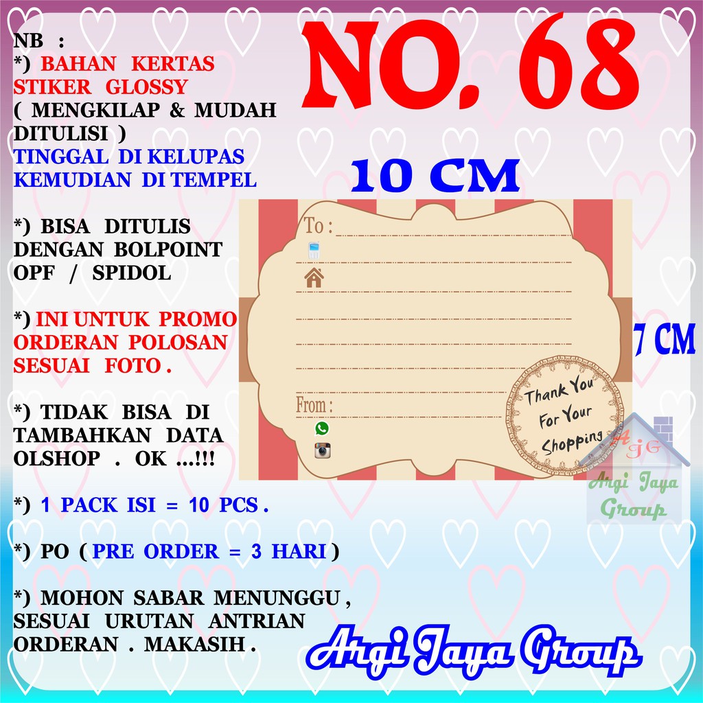 

Promo!Stiker Label Pengiriman Polosan No = 68 (10x7cm) 1 Pack = 10 Pcs