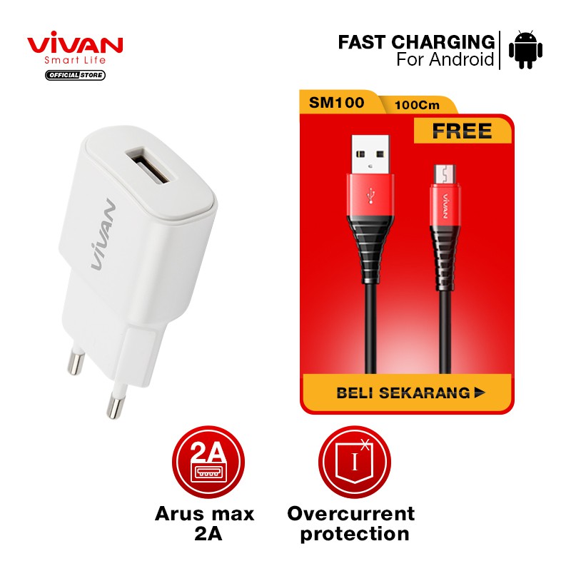 Charger Casan VIVAN Original Fast USB Charging 2.0 (Power Oval) FREE Kabel Micro USB