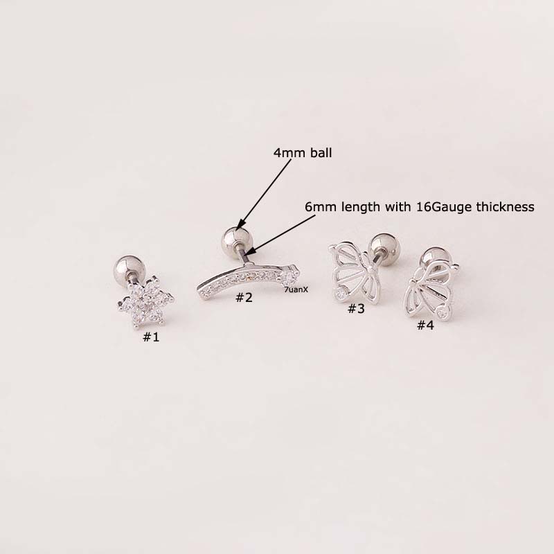 1pc Anting Stud Tindik Bentuk Bunga Kupu-Kupu Bahan Stainless Steel 16Gauge Dengan Zircon Untuk Wanita