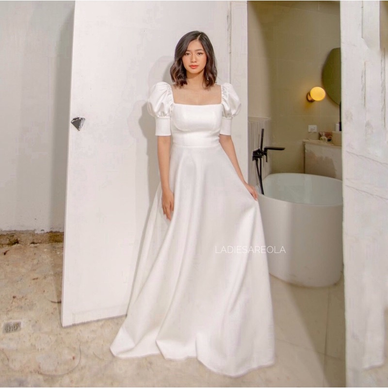 VERA GOWN - Gaun pesta wanita long maxi dress A line flare square neck puff sleeves big size jumbo u