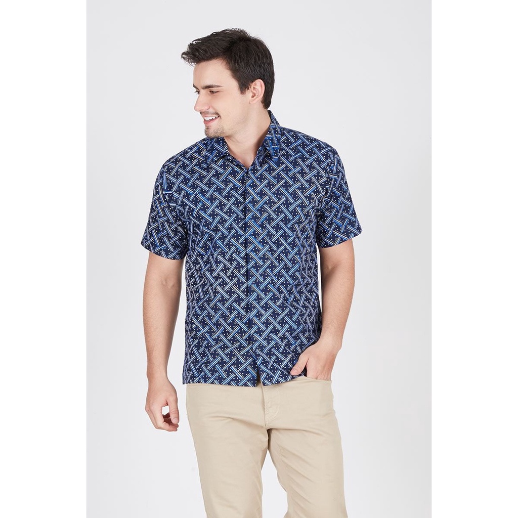 Kemeja Baju Batik Pria Lengan Pendek Cap Biru Muda Abstrak