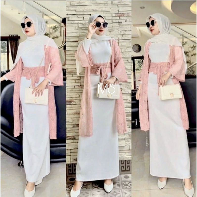 SET CARDI FADRELLA FASHION PAKAIAN WANITA 2IN1 DRESS MAXY DAN CARDI BRUKAT MS ADA VIDEO REAL PICT