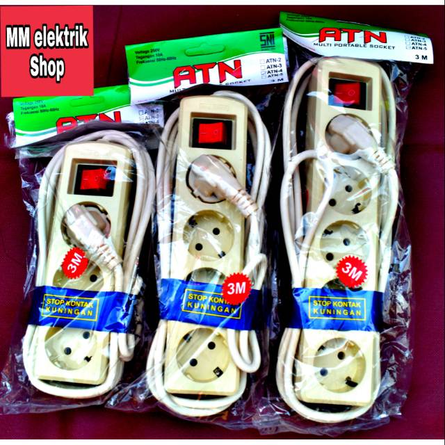 ATN Stop Kontak + Kabel 1,5m 3m 5 Meter 3L 4Lubang 5 Lobang Kuningan  Best Seller ATN