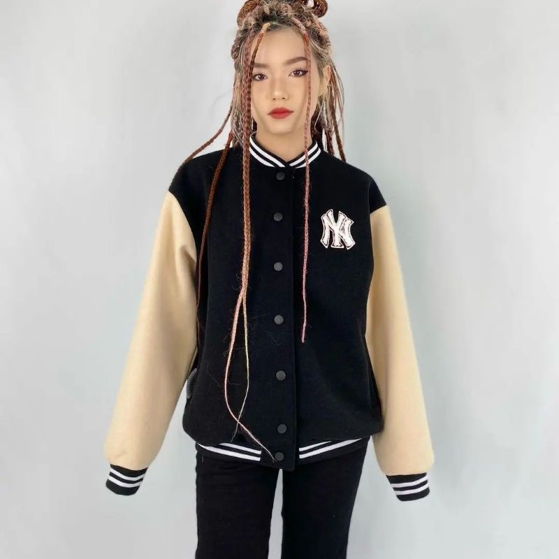 Jaket Baseball / Baseball Wanita Pria Bordir NY-68 HITAM-PUTIH /Jaket Termurah