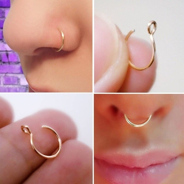 Anting Stud Hidung Tanpa Lubang Bahan Stainless Steel Lapis Emas 14k Adjustable