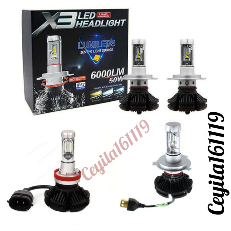 Head Lamp Lampu X3 LED H11 /H4 Best Quality 3 warna Mobil All new Rush/Terios 2018-2020