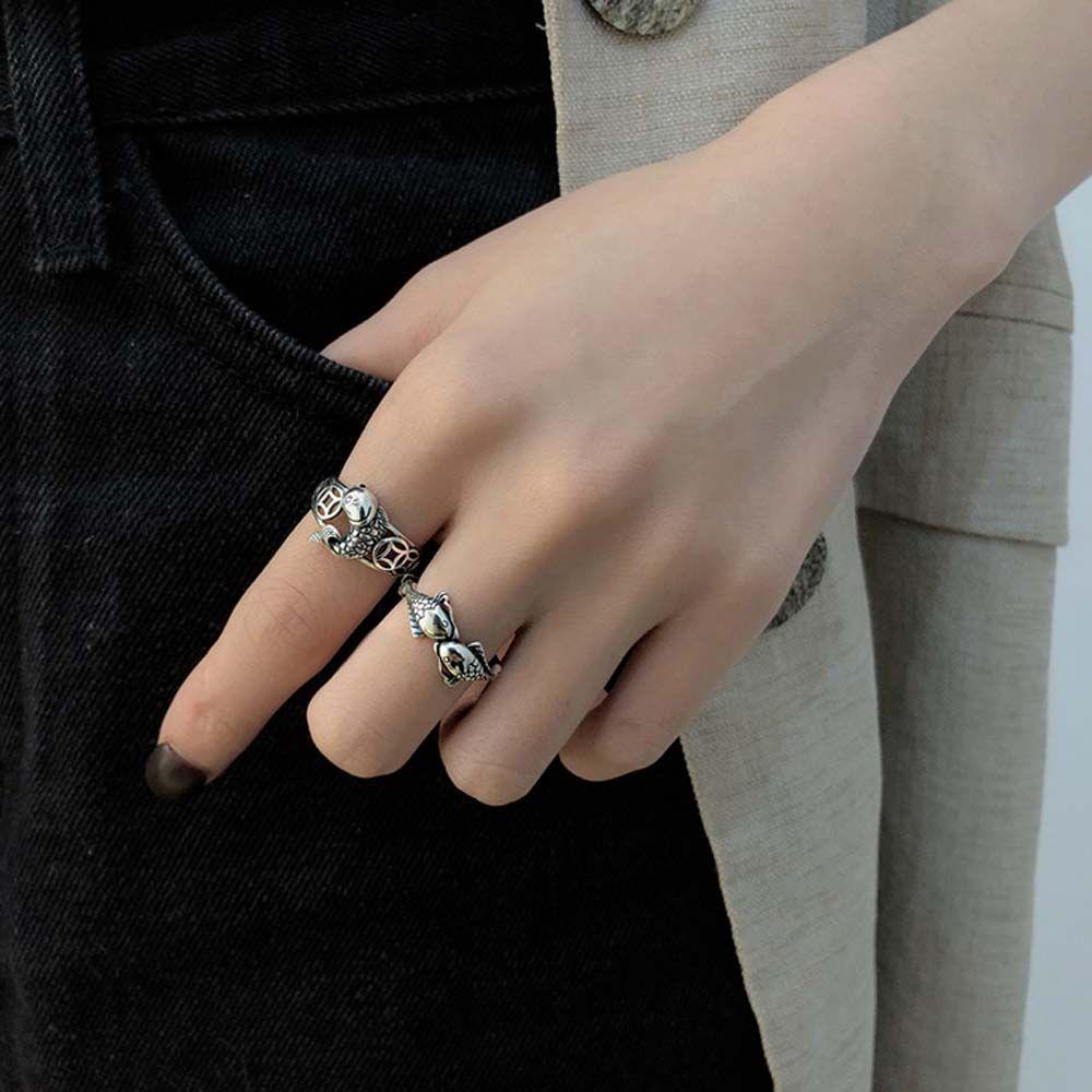 Mxbeauty Pembukaan Cincin Gaya Punk Retro Berongga Bentuk Ikan Lotus Tembaga Koin Menarik Kekayaan Perempuan Jari Cincin