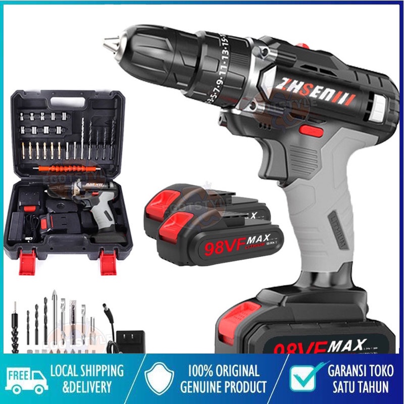 COD Bor Listrik Bor Tanpa kabel 98V Set Lengkap Mata Bor Cordless Drill Full Set Of Drill Bits Bor Mesin Elektrik Drill Set Reversible Mesin Bor Tangan Listrik