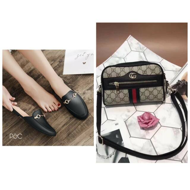 Promo paket 2in1 sandal  selop bustong replika gucci  