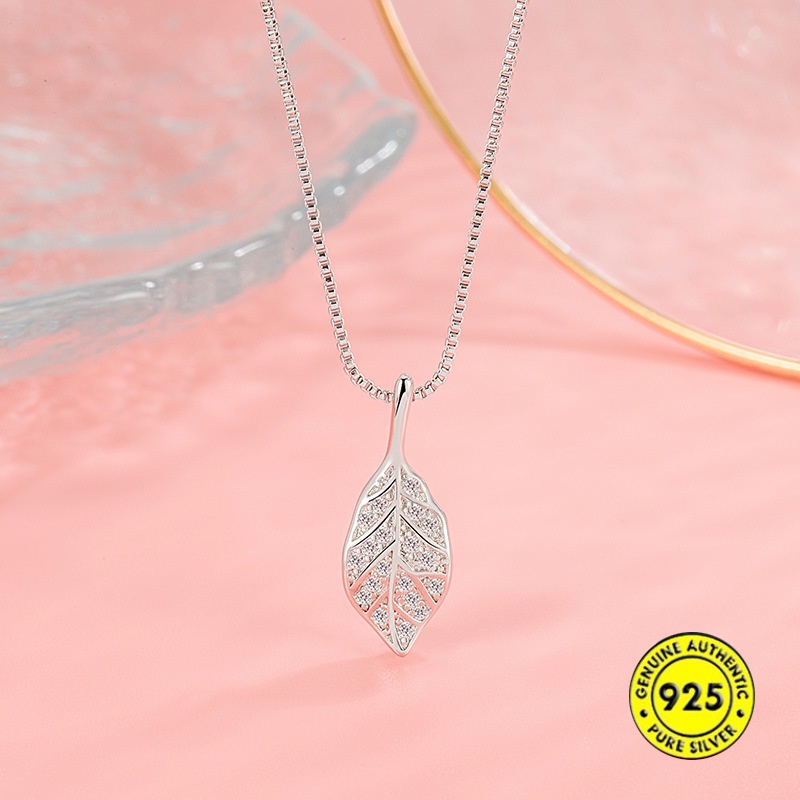 Kalung Rantai Sterling Silver 925 Dengan Liontin Daun Hias Berlian Imitasi Untuk Wanita