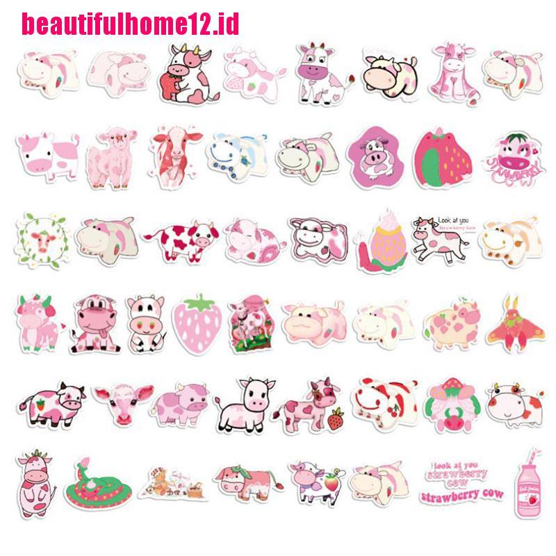 【beautifulhome12.id】50Pcs Cartoon Pink Strawberry Cow Stickers Laptop Skateboard Luggage Stickers