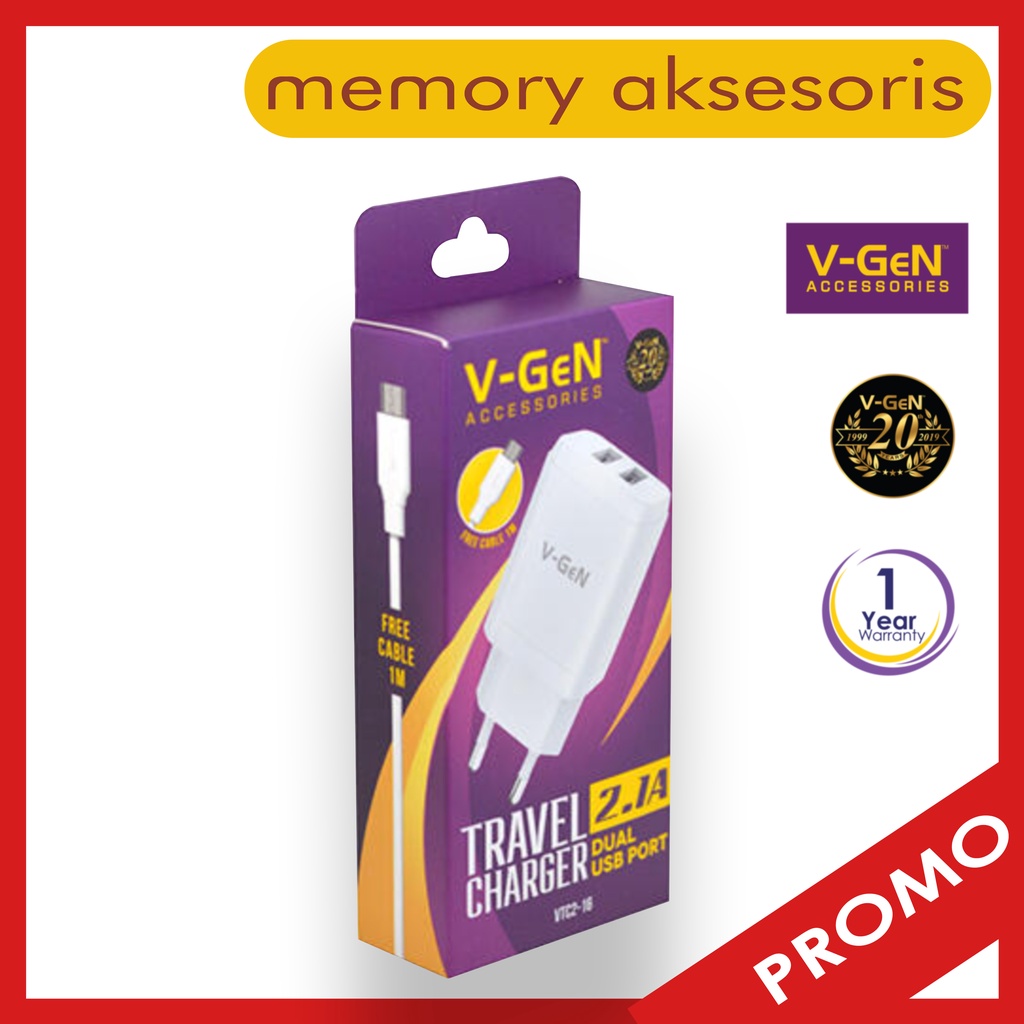 Adaptor Charger V-GeN VTC2-16 AUTO ID 2.1A Dual port Travel Charger VGEN