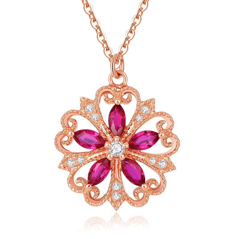 [Ready Stock]Fashion Luxurious Color Gemstone Flower Pendant Rose Gold Necklace