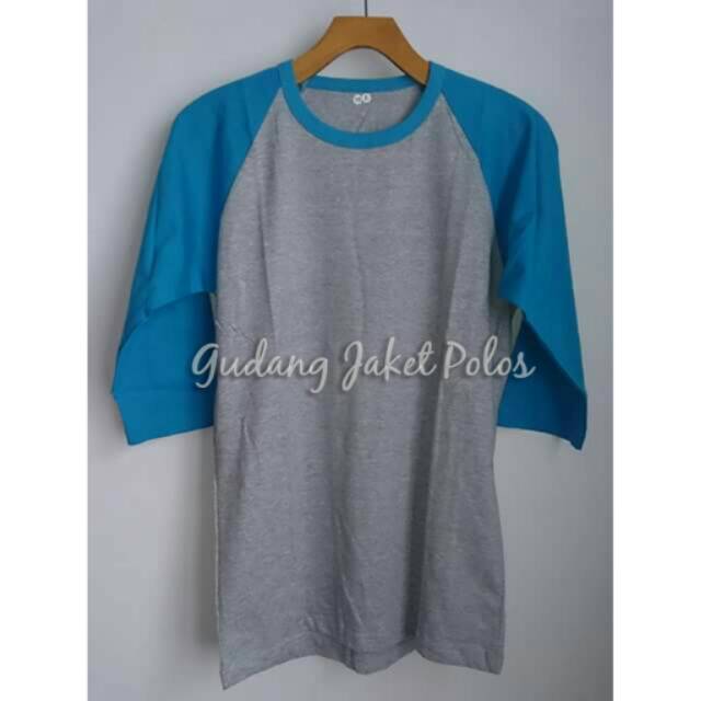 Kaos Raglan Polos Abu Lengan BiruTurkis