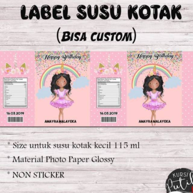 

Label susu kotak kecil / air mineral kecil custom nama tema unicorn