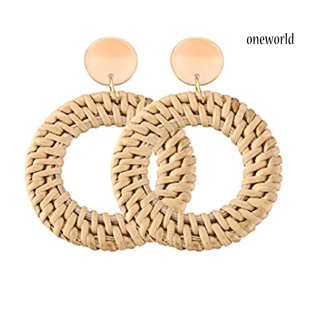 OW@ Bohemian Beach Rattan Woven Hollow Circle Drop Statement Women Stud Earrings