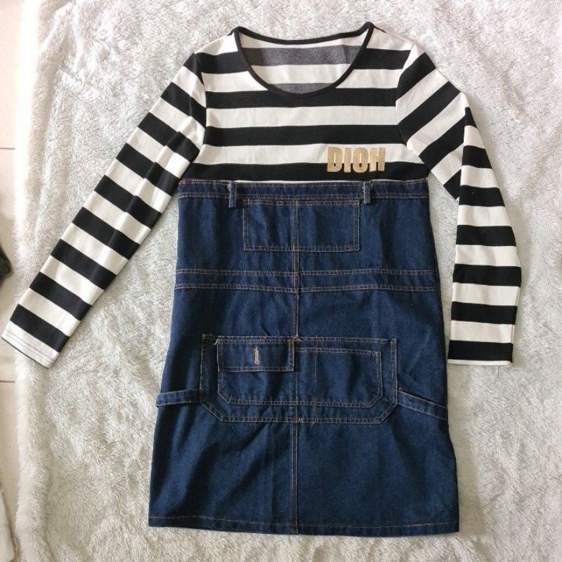 Dress wanita lengan panjang katun kombinasi denim bangkok New bukan seken