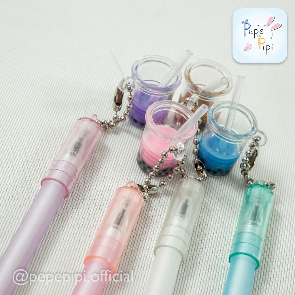 4 &amp; 12 pcs Pena Boba Bubble Tea Bolpen Pen Pulpen Gelpen Karakter Murah Lucu Selusin