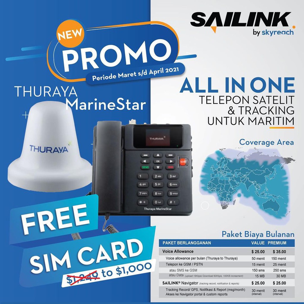 Sailink Skyreach GPS Tracking KAPAL&Telepon Anti Cuaca Buruk all in one Thuraya Marine VSAT Satelit