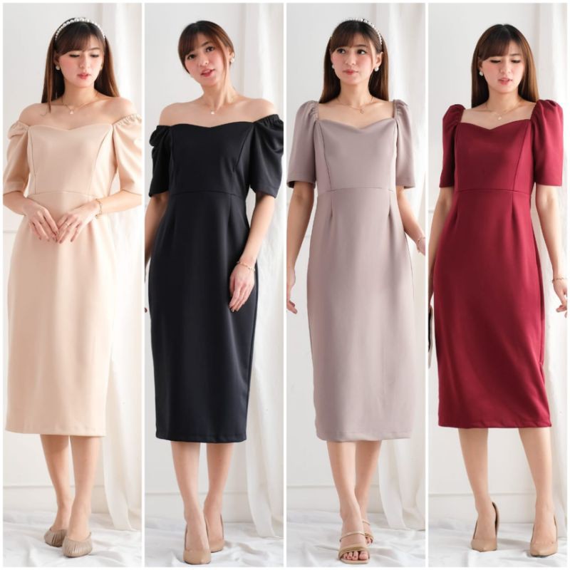 ❣️ SPECIAL PRICE ♡ PREMIUM ♡ ORIGINAL ! JANETH ELEGANT [ SIZE : S &amp; L ] VINTAGE PLAIN BODYCON MIDI SIMPLY PARTY DRESS