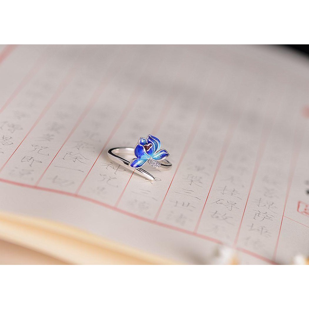 Cincin Lapis Rhodium Desain Lotus Cina Warna Biru Gaya Vintage Untuk Wanita