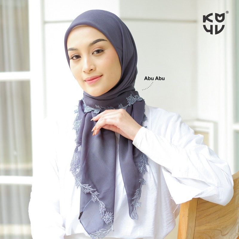 Koyu Hijab Segiempat Viney Jepang Lace Embroidery Daun