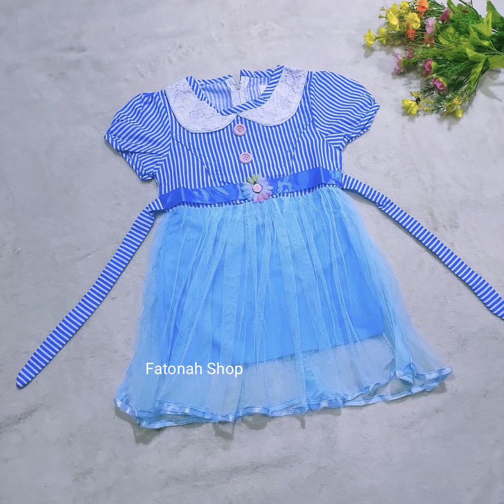 Dress anak 1 2 tahun gaun anak kerah tutu baju anak cewek perempuan muarh ( dress strip tutuKERAHPUTIH)