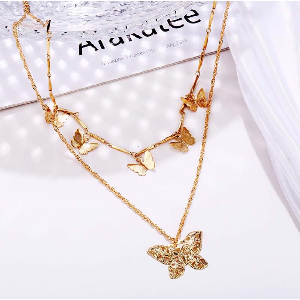 Kalung Rantai Tumpuk Wanita 2  LAYERS BUTTERFLY Kupu-Kupu Gaya Korea Fashion Women Necklace Cewek