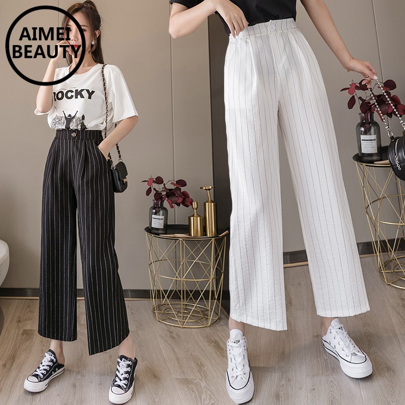 Celana Kasual Model High Waist Bahan Katun Linen Motif Celana Kasual Model High Waist Bahan Katun Linen Motif