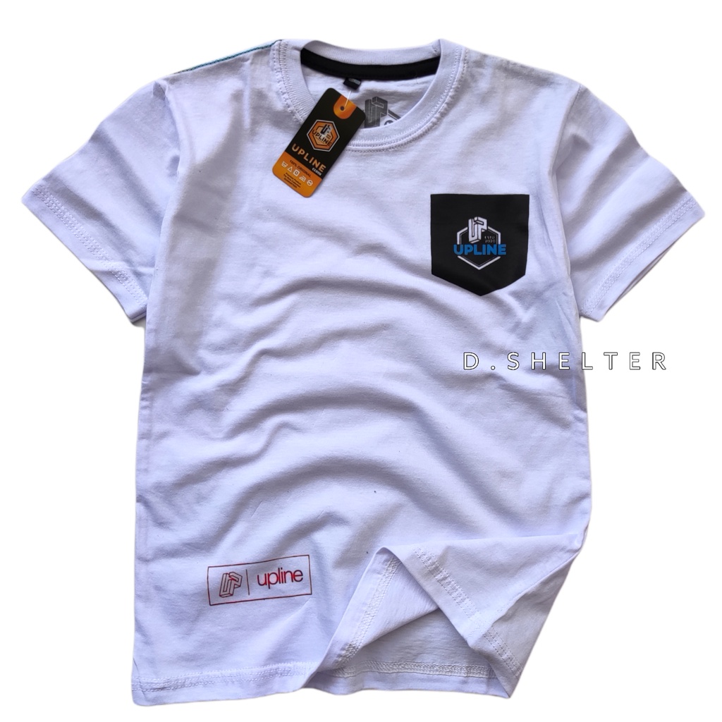 Baju Kaos Distro Anak UPLINE Putih Motif Saku/DSHELTER/KAOS MURAH