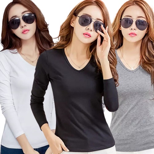 Kaos Lengan Panjang V-Neck Wanita / Oblong Panjang V-Neck Wanita