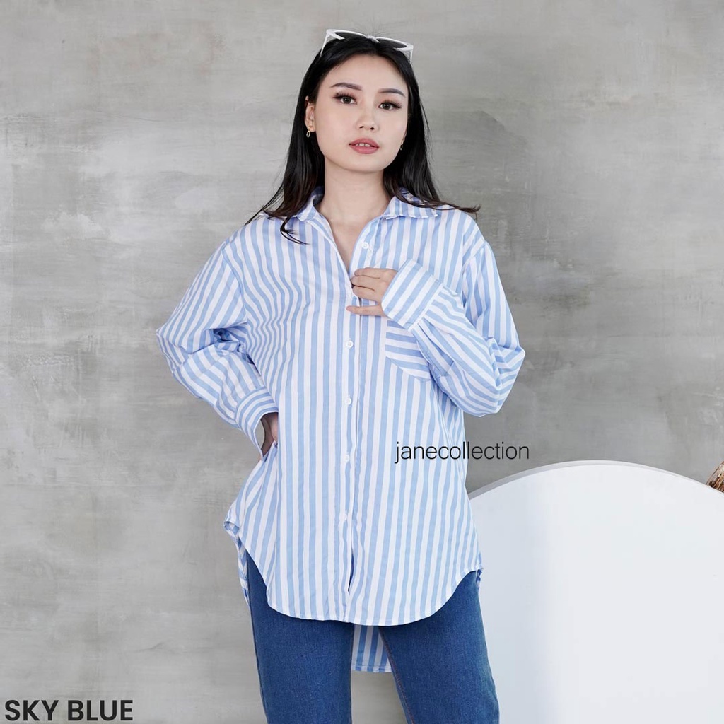 JANE COLLECTION || Kemeja Wanita Oversize Lengan Panjang Kemeja Jumbo Salur Garis Katun Nabila Oversized Shirt Cotton XXXL