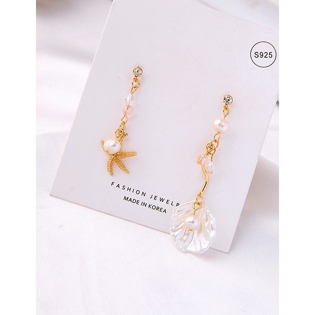 LRC Anting Tusuk Fashion Starfish 925 Silver Needle Pearl Acrylic Flower Starfish Stud Earrings D098