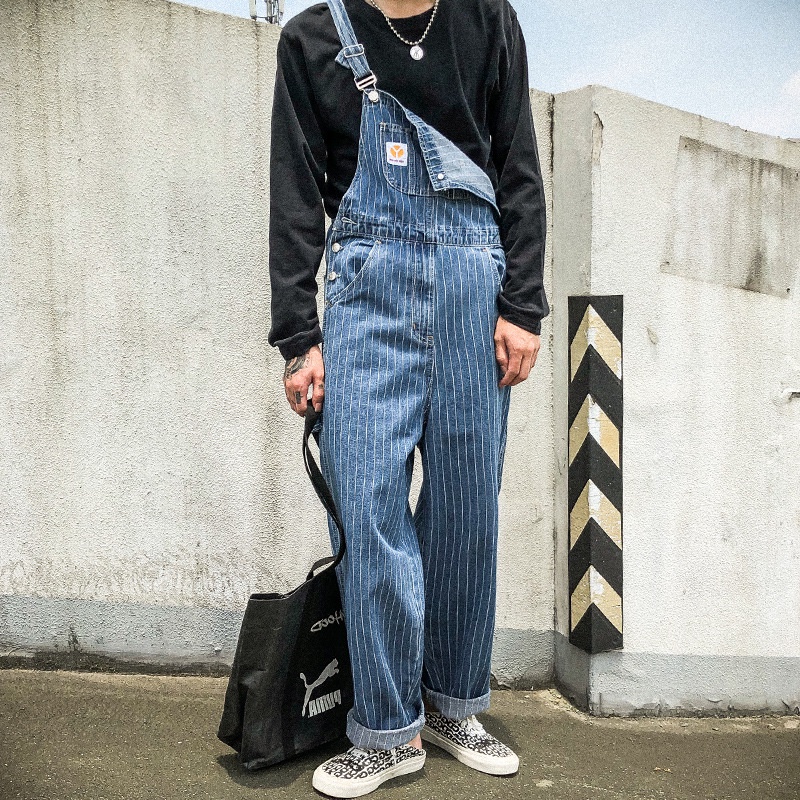 Celana Kodok Tali Ikat Fashion Kargo Lebar Kaki Keseluruhan Jeans Vintage Ayah Suspender Jumpsuit