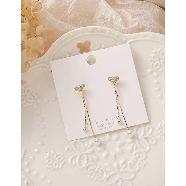 LRC Anting Tusuk Fashion Golden Love Pearl Tassel Alloy Earrings P22276